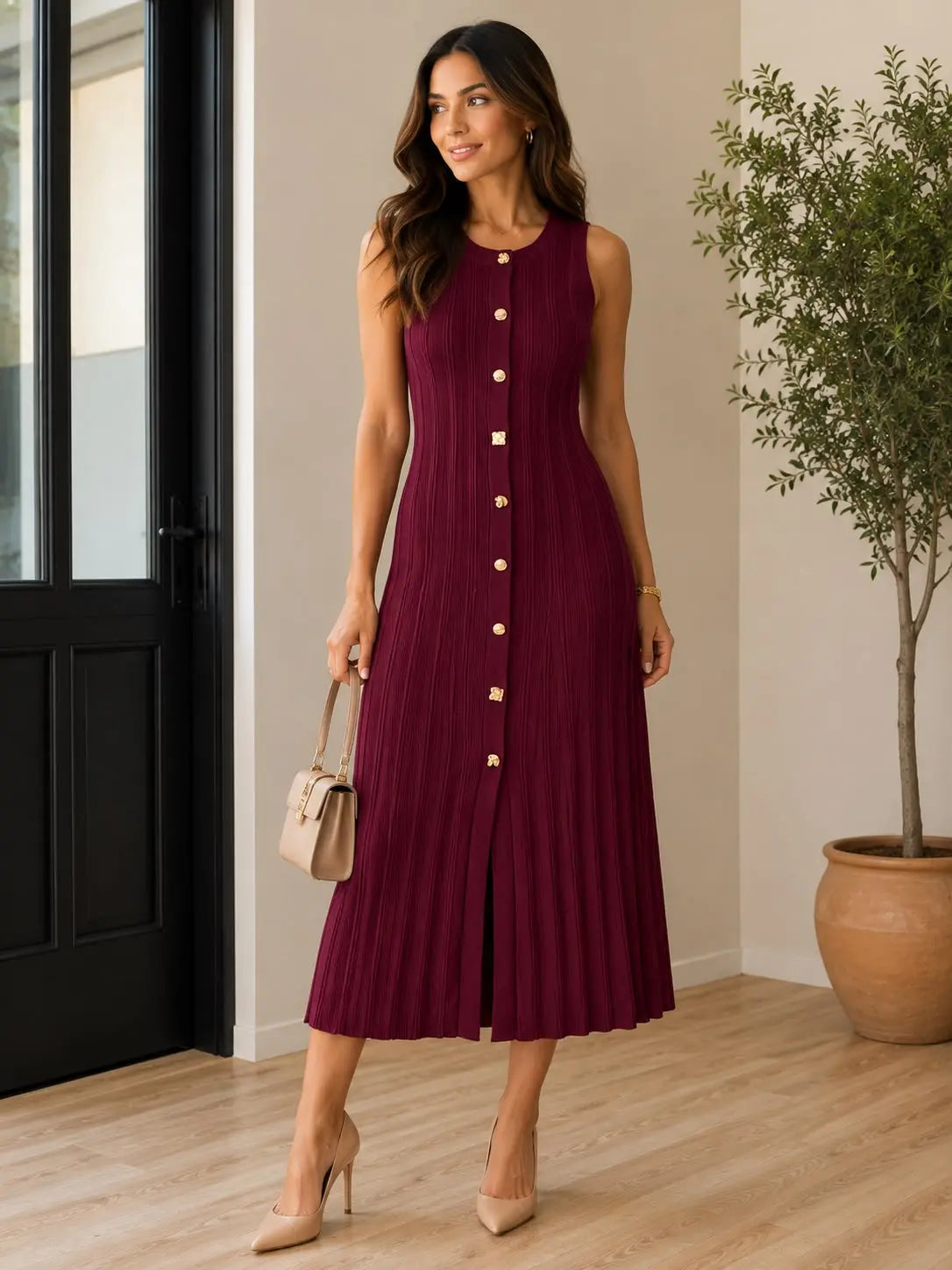 Pleated Midi Dress – Wine Color