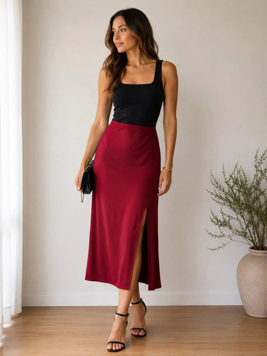 Satin Grace Midi Skirt – Burgundy