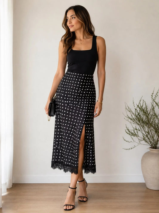 Polka Chic Midi Skirt – Black