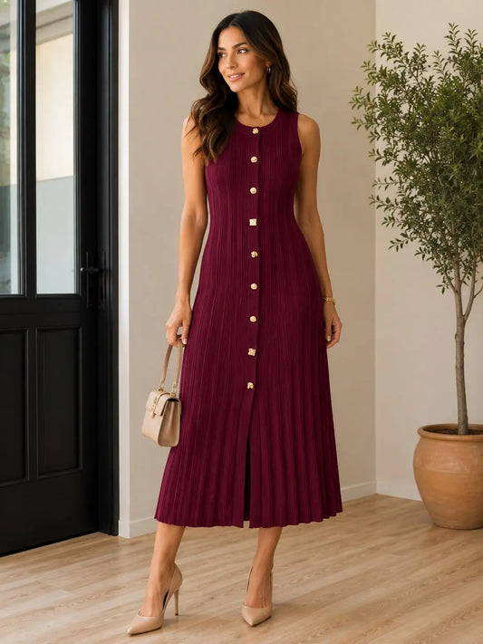 Pleated Midi Dress – Wine Color