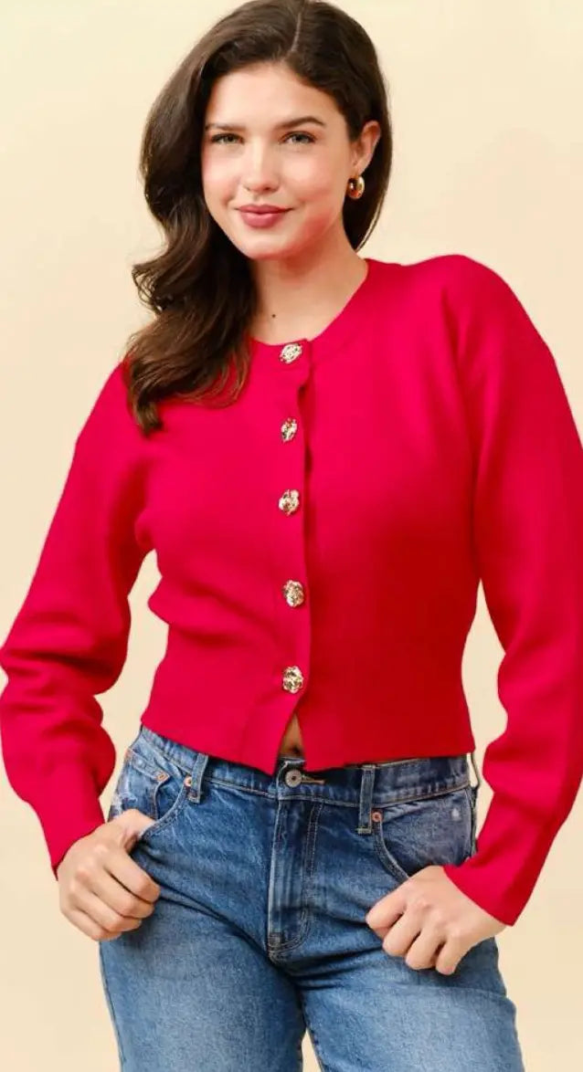 GOLD BUTTON TRIM CROPPED CARDIGAN